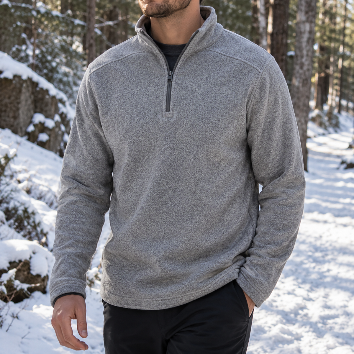 Heather-gray Alpine Fleece Pullover worn on a winter woodland walk, showing its quarter-zip collar and relaxed fit.