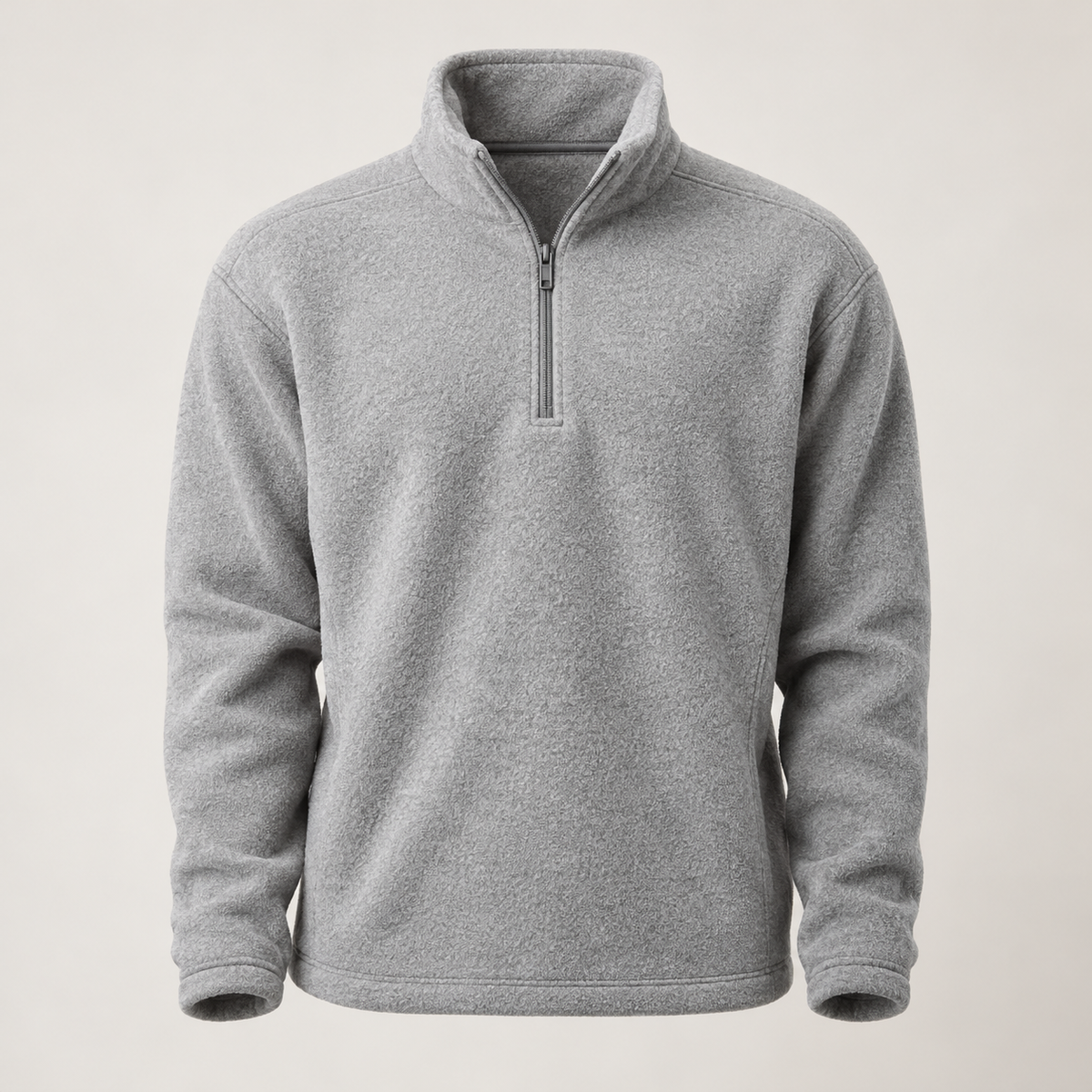 Front view of the heather-gray Alpine Fleece Pullover with quarter zip, high collar, and soft fleece texture on a light studio background.