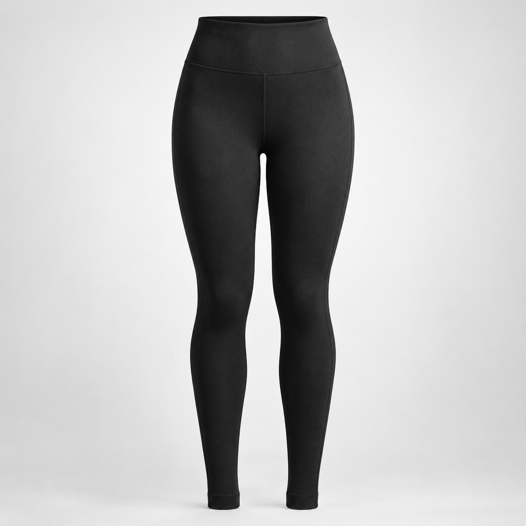 Front view of the black Drift Thermal Leggings with high-rise waistband and full-length fit on a light studio background.