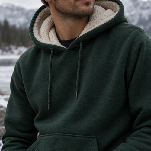 Close view of the forest-green Fireside Sherpa Hoodie with cream sherpa lining worn outdoors in a snowy setting.