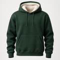 Front view of the deep forest-green Fireside Sherpa Hoodie with cream sherpa-lined hood, drawstrings, and kangaroo pocket on a light studio background.
