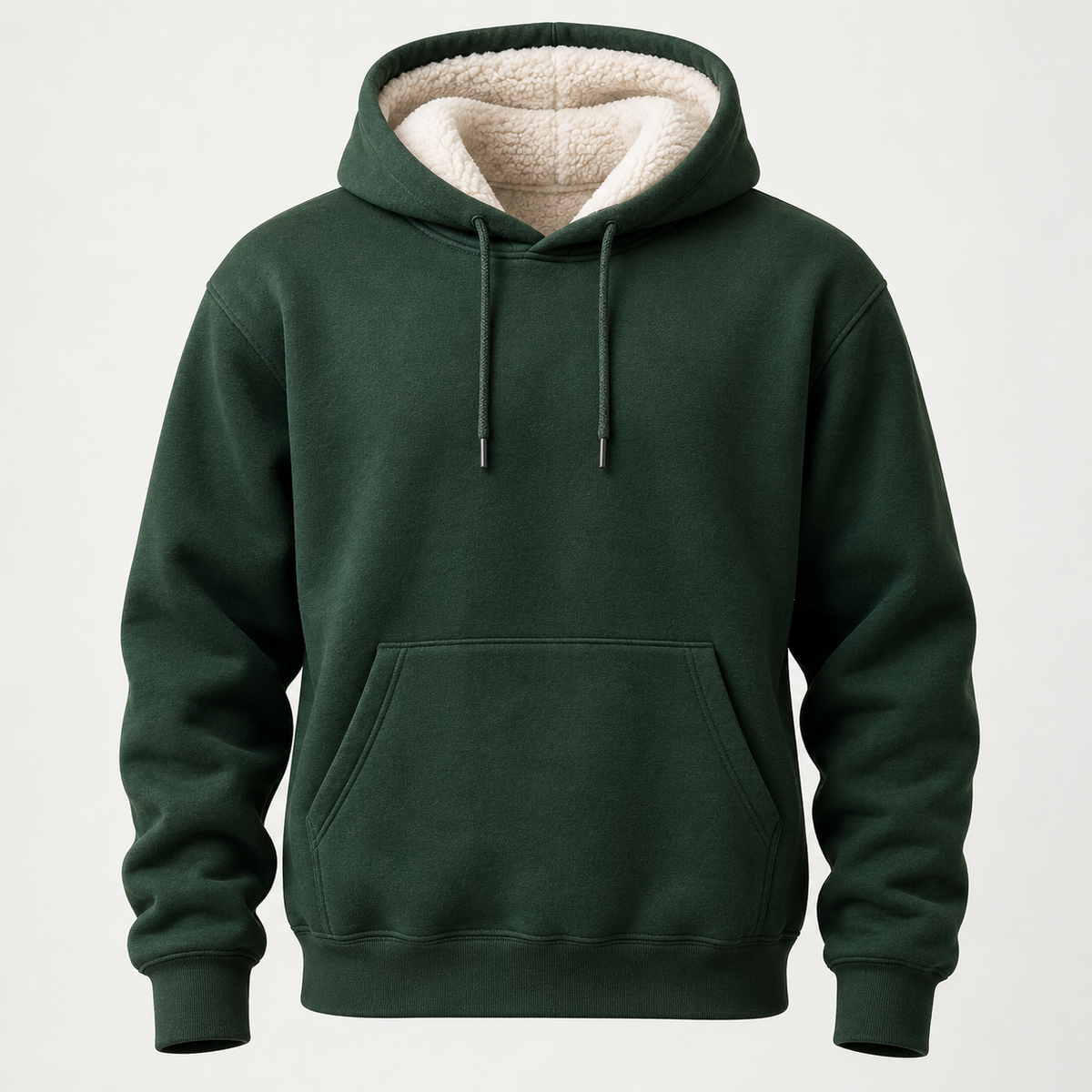 Front view of the deep forest-green Fireside Sherpa Hoodie with cream sherpa-lined hood, drawstrings, and kangaroo pocket on a light studio background.