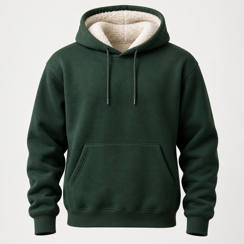 Front view of the deep forest-green Fireside Sherpa Hoodie with cream sherpa-lined hood, drawstrings, and kangaroo pocket on a light studio background.