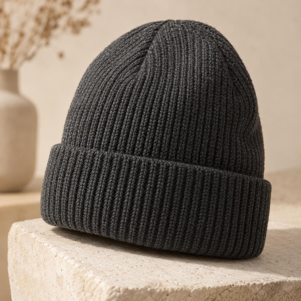 Three-quarter side view of the charcoal Frostline Knit Beanie with ribbed texture on a pale stone surface.