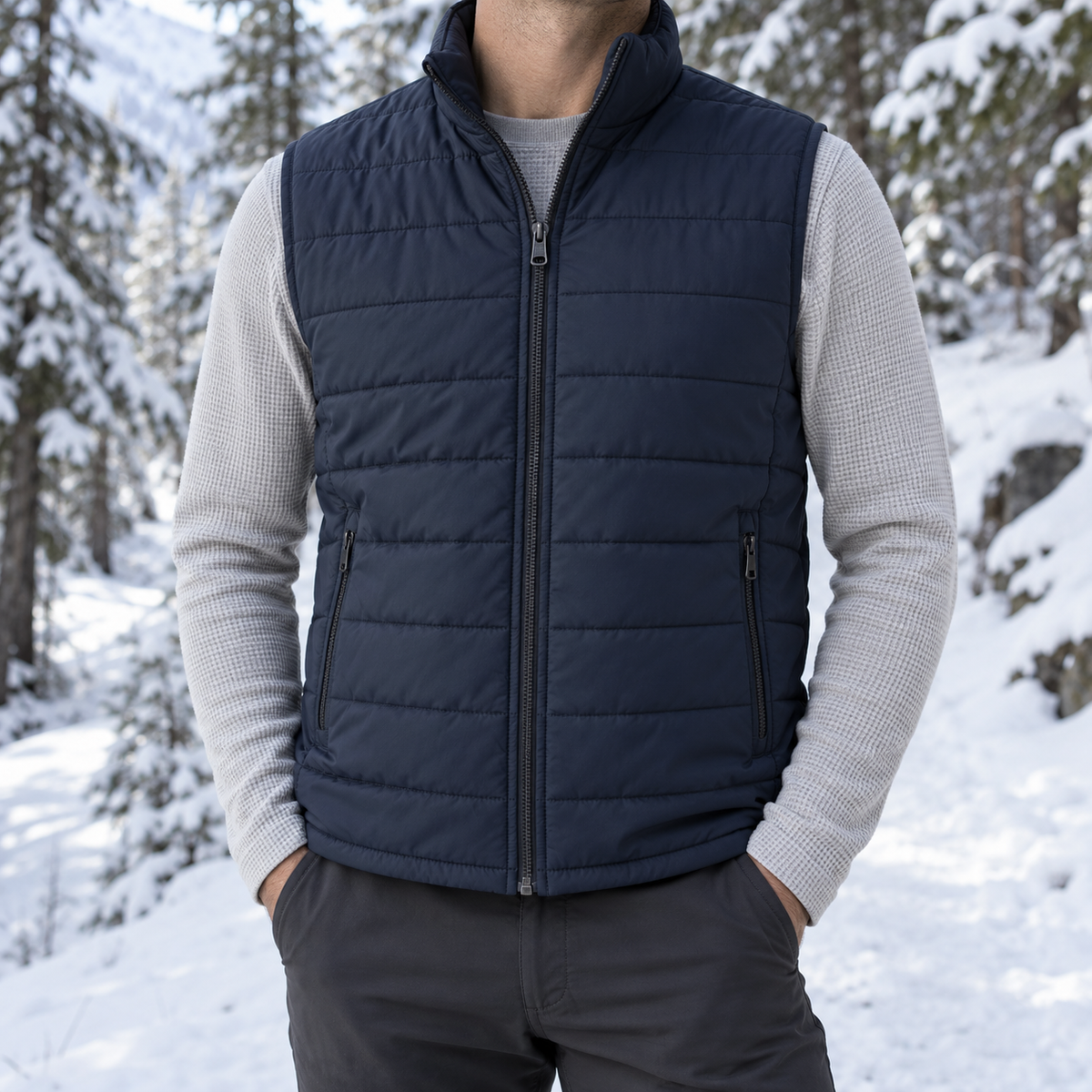 Midnight-navy Glacier Insulated Vest worn over a gray thermal layer on a snowy forest trail, showing the quilted front and zip pockets.