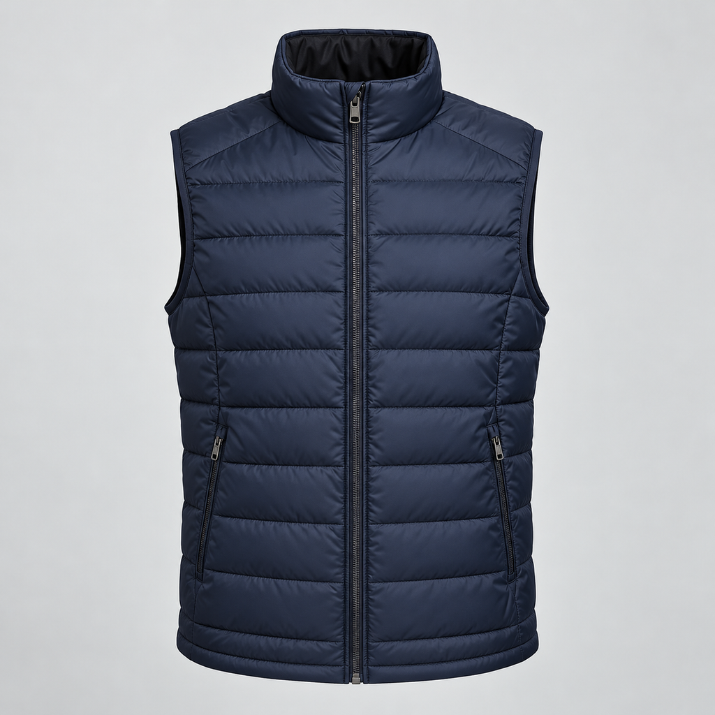 Front view of the midnight-navy Glacier Insulated Vest with quilted panels, stand collar, full zipper, and zip pockets on a light studio background.