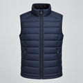 Front view of the midnight-navy Glacier Insulated Vest with quilted panels, stand collar, full zipper, and zip pockets on a light studio background.