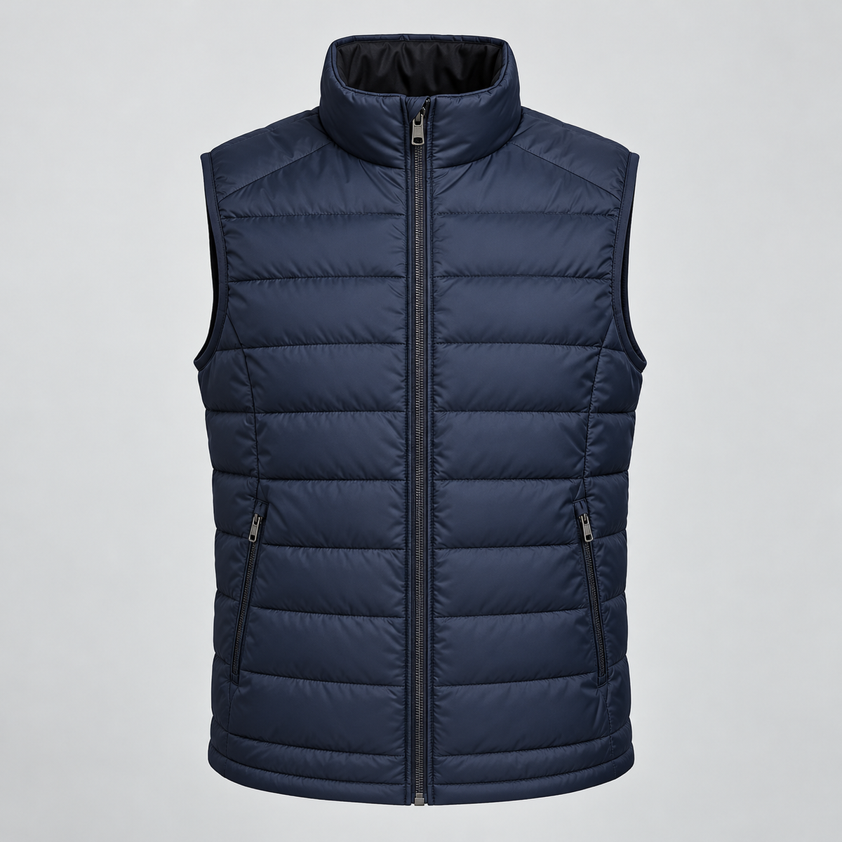 Front view of the midnight-navy Glacier Insulated Vest with quilted panels, stand collar, full zipper, and zip pockets on a light studio background.