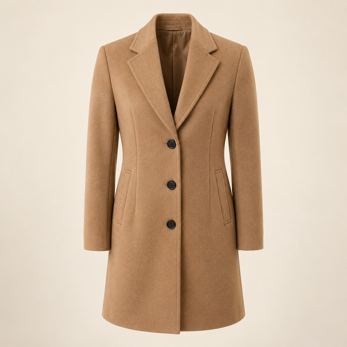 Front view of the camel-tan Northline Wool Blend Coat with tailored lapels, dark buttons, and side pockets on a warm studio background.