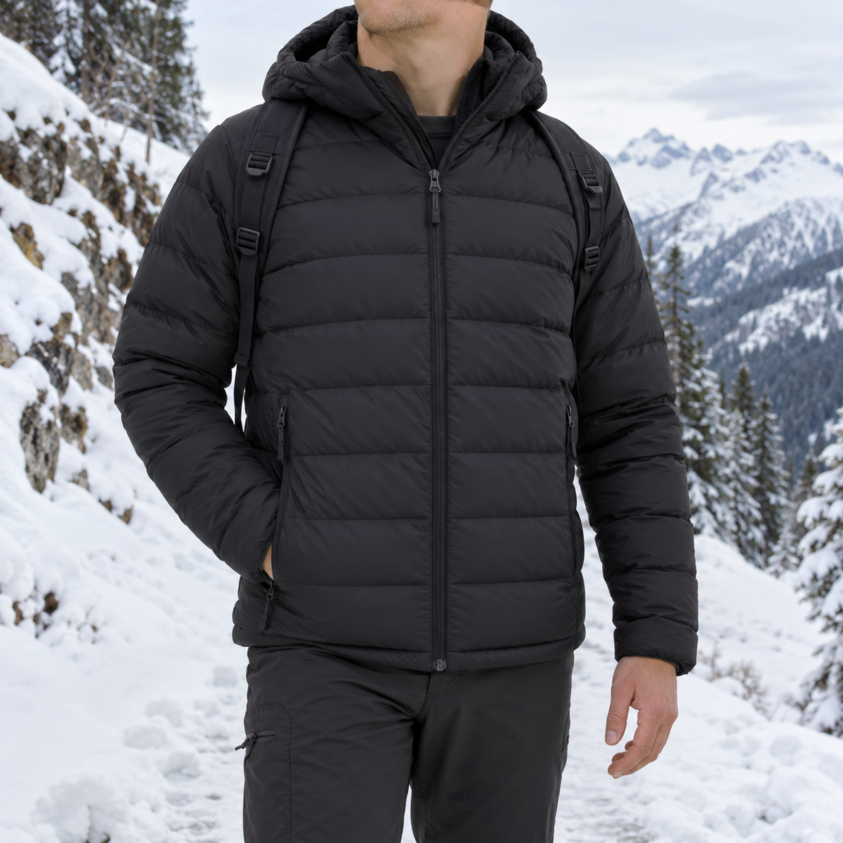 Rear three-quarter view of the Ridgeway charcoal hooded puffer jacket worn outdoors on a snowy mountain trail.