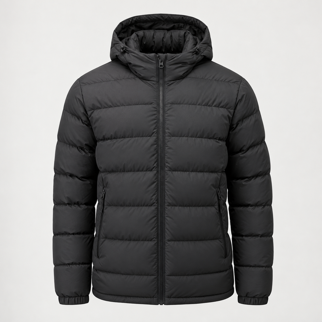 Front view of the charcoal Ridgeway Insulated Puffer Jacket with hood, horizontal quilting, zipper, and zip pockets on a light studio background.