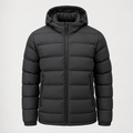 Front view of the charcoal Ridgeway Insulated Puffer Jacket with hood, horizontal quilting, zipper, and zip pockets on a light studio background.