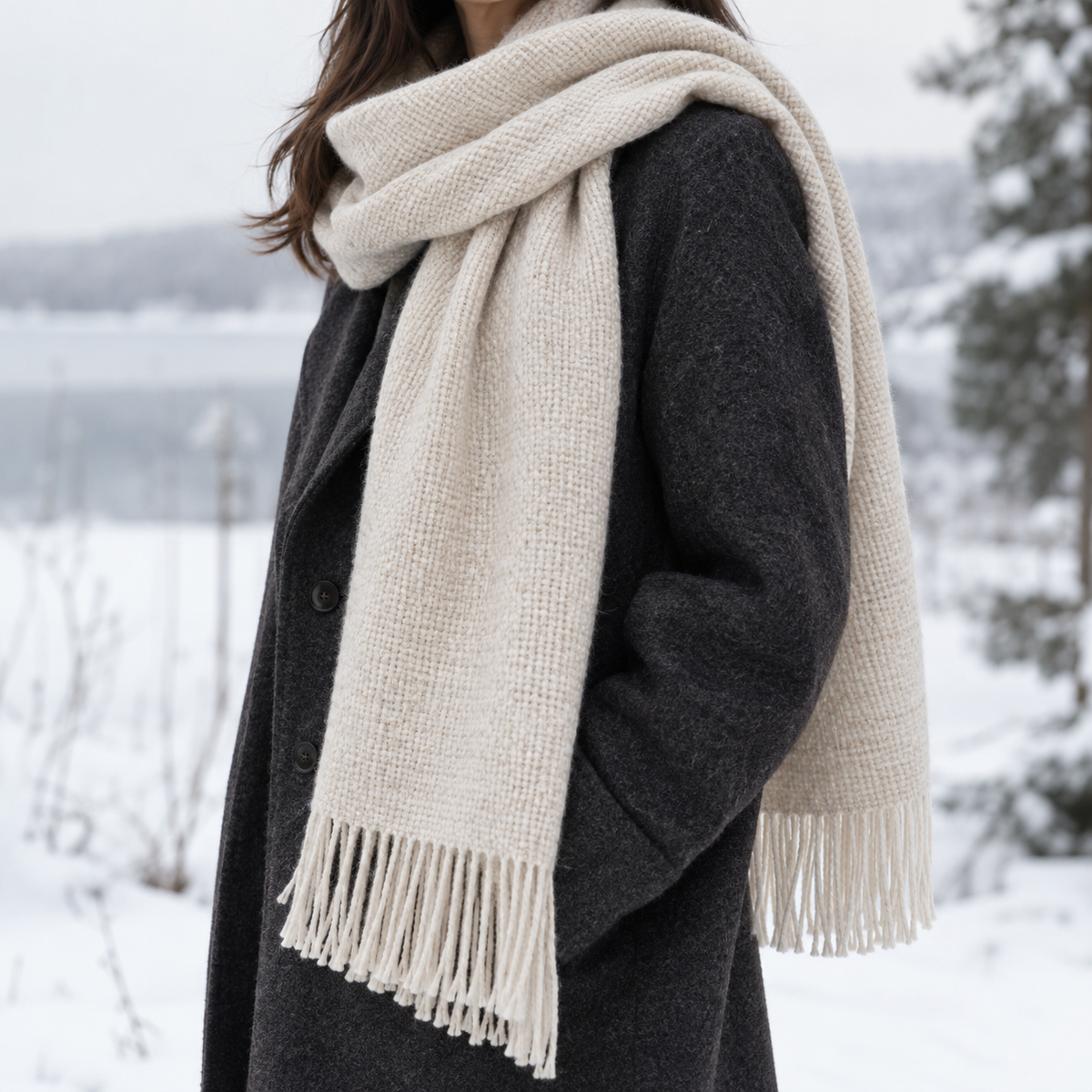 Oatmeal-cream Snowfield Scarf draped over a charcoal winter coat in a snowy outdoor setting.