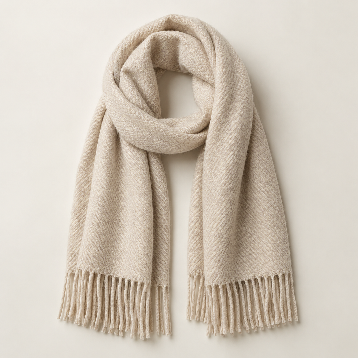 Oatmeal-cream Snowfield Scarf in a soft woven texture with fringe, arranged in a loop on a light studio background.