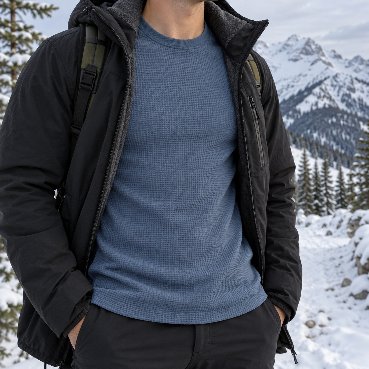 Slate-blue Summit Thermal Base Layer worn beneath an open winter jacket on a snowy mountain trail, showing its waffle-knit texture.