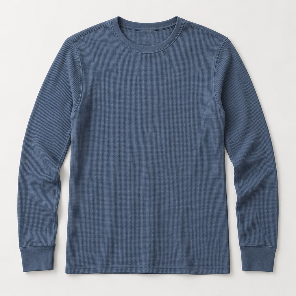 Front view of the slate-blue Summit Thermal Base Layer crewneck top with waffle-knit texture, displayed on a clean light studio background.