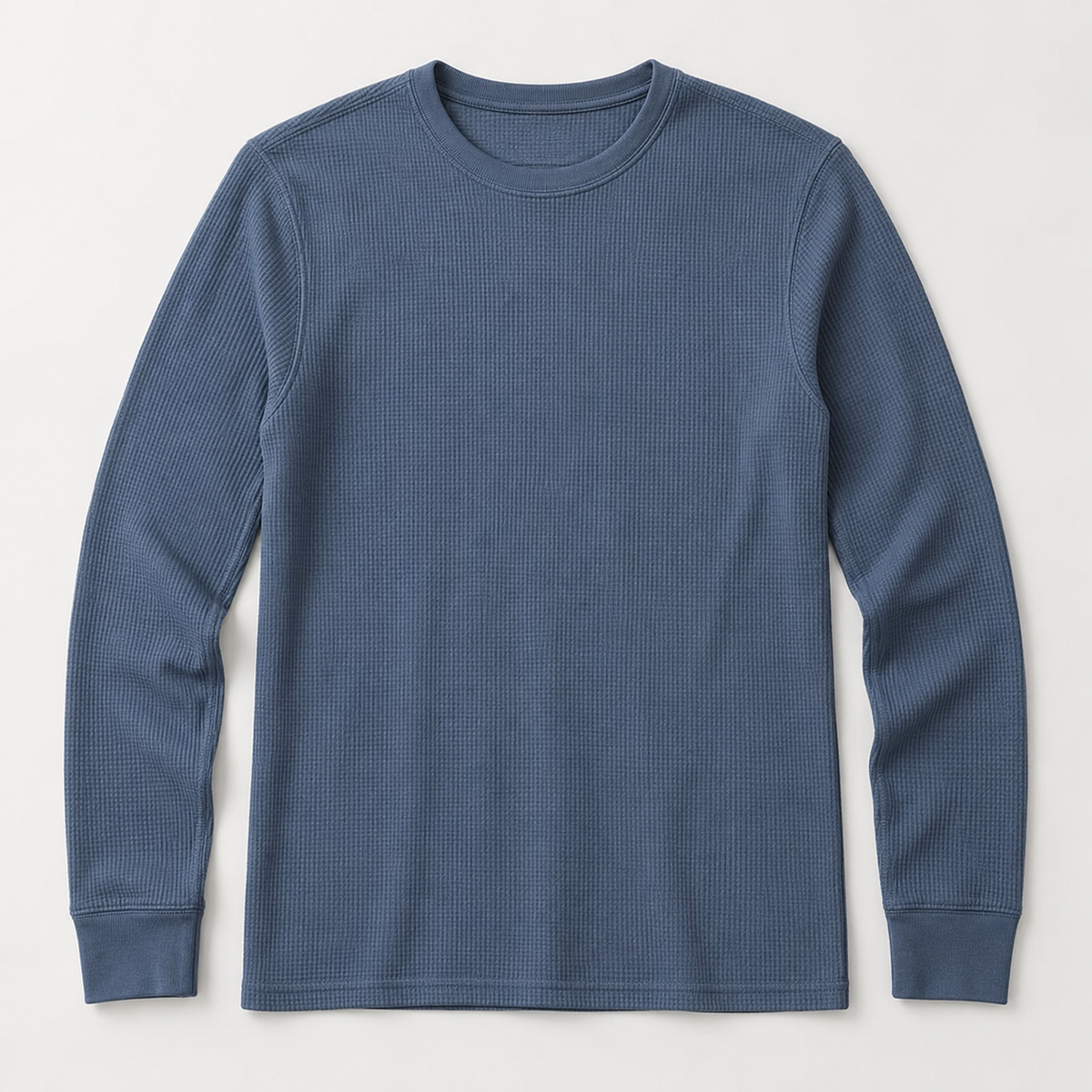 Front view of the slate-blue Summit Thermal Base Layer crewneck top with waffle-knit texture, displayed on a clean light studio background.