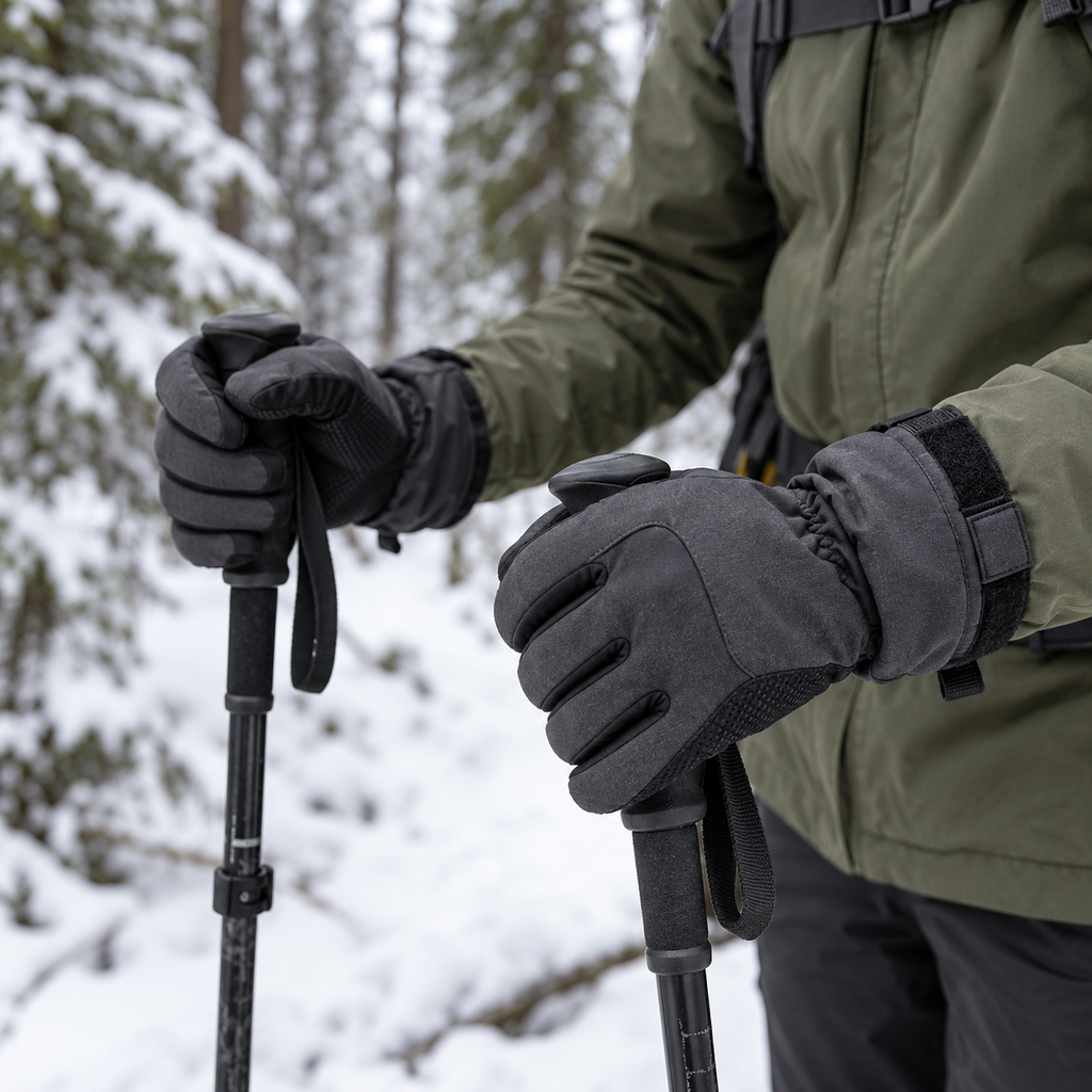Charcoal-gray Trailhead Gloves worn while holding trekking poles on a snowy woodland trail, showing the adjustable cuffs and palm grip.