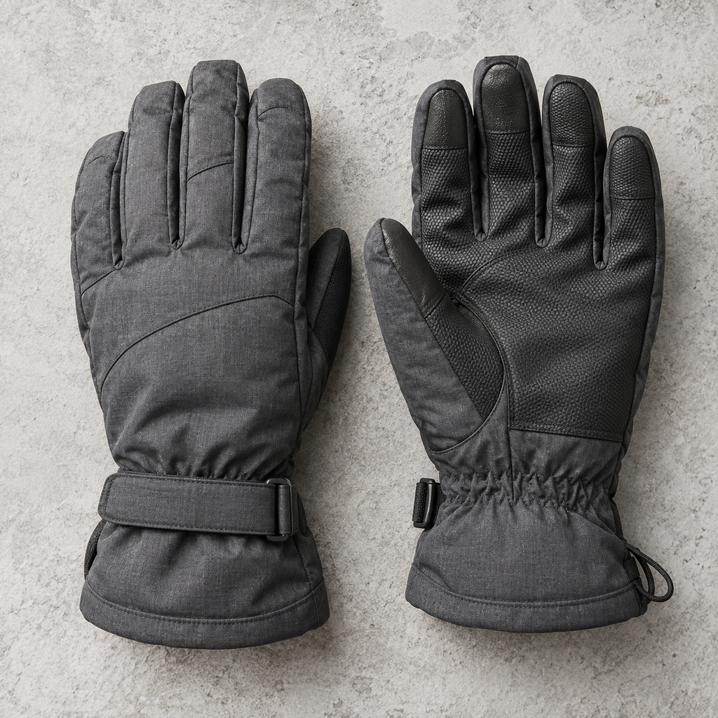 Pair of charcoal-gray Trailhead insulated winter gloves with articulated fingers, textured palms, and adjustable cuffs on a light stone background.