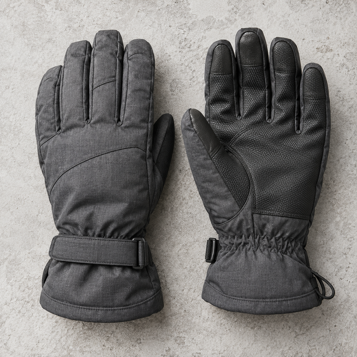 Pair of charcoal-gray Trailhead insulated winter gloves with articulated fingers, textured palms, and adjustable cuffs on a light stone background.